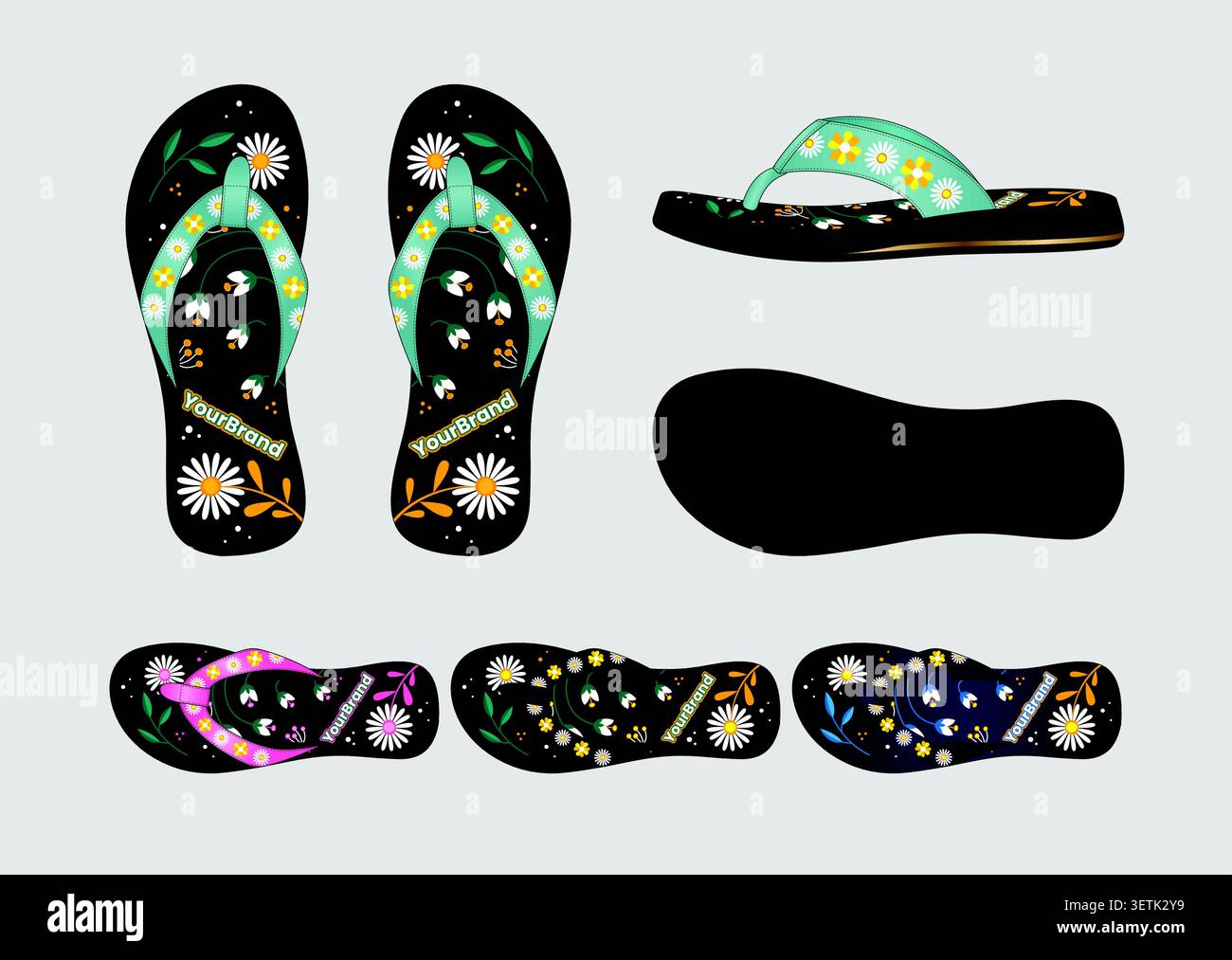 Floral Daisy Pattern Flip Flops Vector Tech Pack with Colorways Set Tech Pack Stock Vector