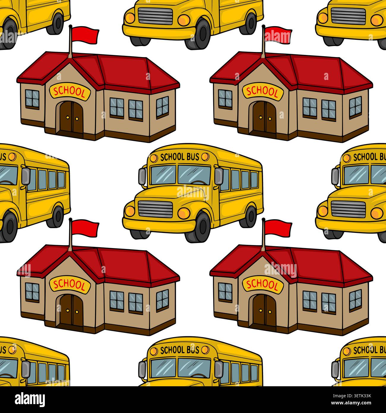 Seamless vector pattern of yellow school buses and cartoon school buildings with red roofs, perfect for educational themes. Stock Vector