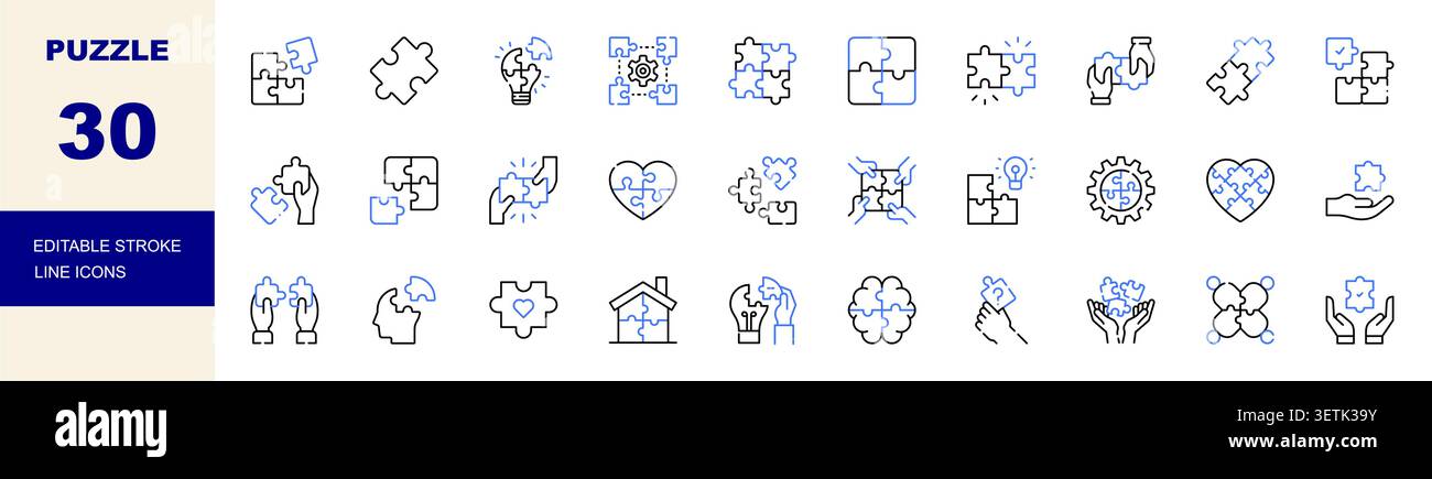 Puzzle and Problem Solving Editable Stroke Line Icons Set. Jigsaw, Brain, Idea, Teamwork and Solution Vector Illustration Stock Vector