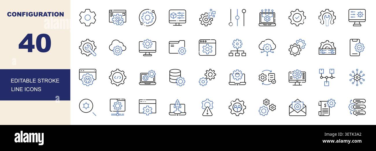 Configuration and Settings Editable Stroke Line Icons Set. Gear, Control Panel, System Setup, Preferences and Optimization Vector Illustration Stock Vector