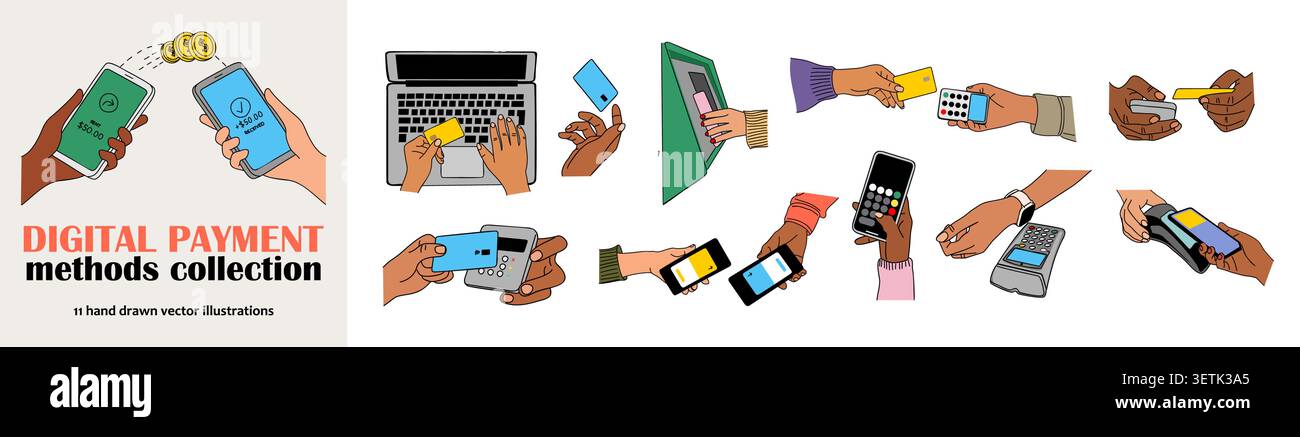 Digital payment method scenes with diverse hands Stock Vector
