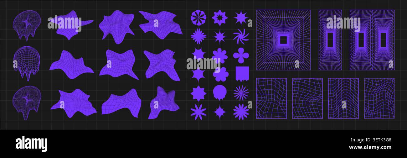 Cyber distorted grid, punk perspective rectangular tunnels and y2k psychedelic elements set. Grid geometry tunnel, elements on black background Stock Vector