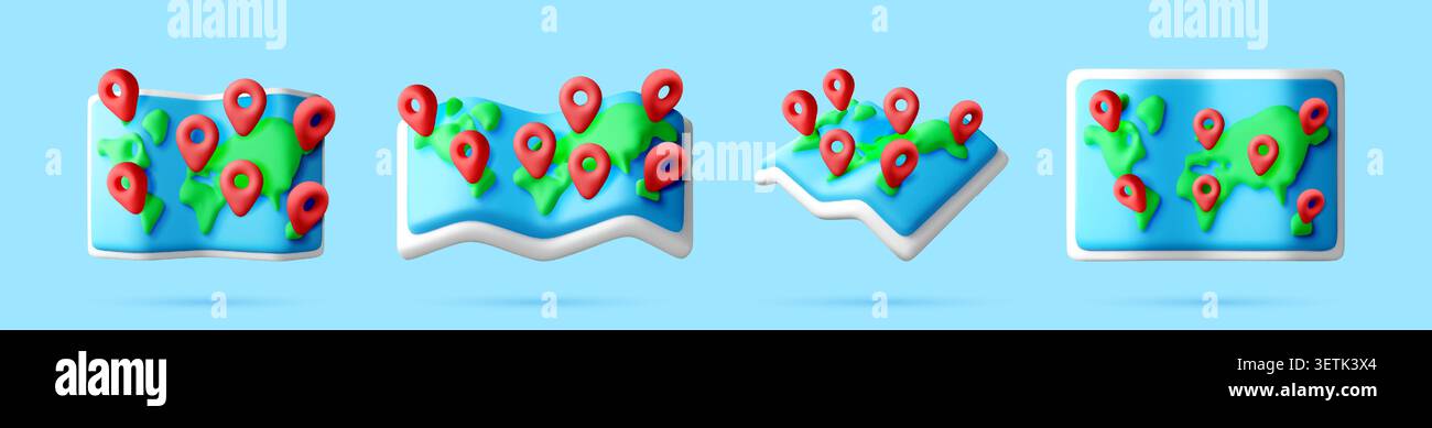 3D world map icon set with red location pins Stock Vector