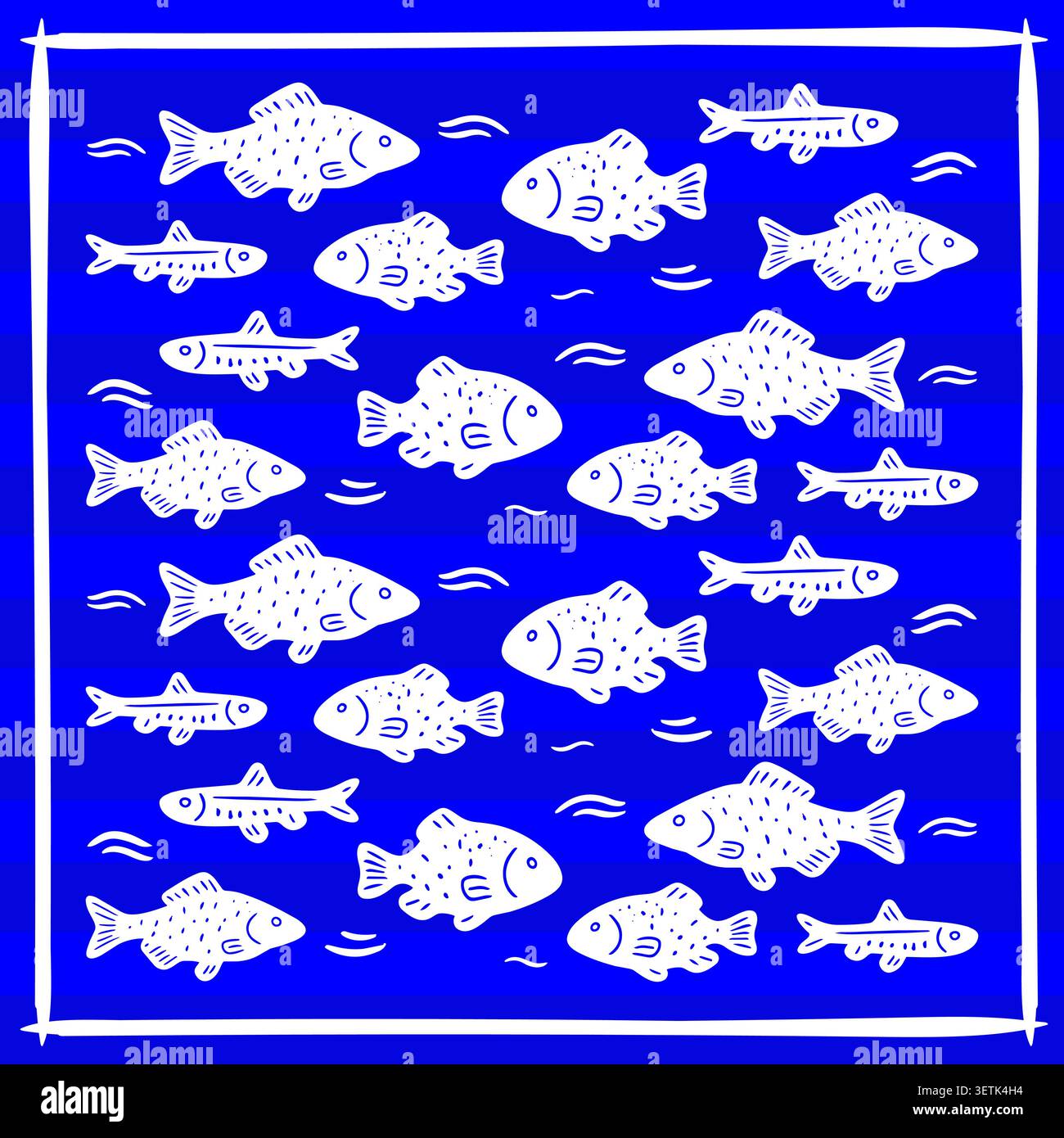 Mediterranean seamless fish pattern with white marine illustrations on blue background, inspired by Portuguese azulejo tiles and coastal European desi Stock Vector