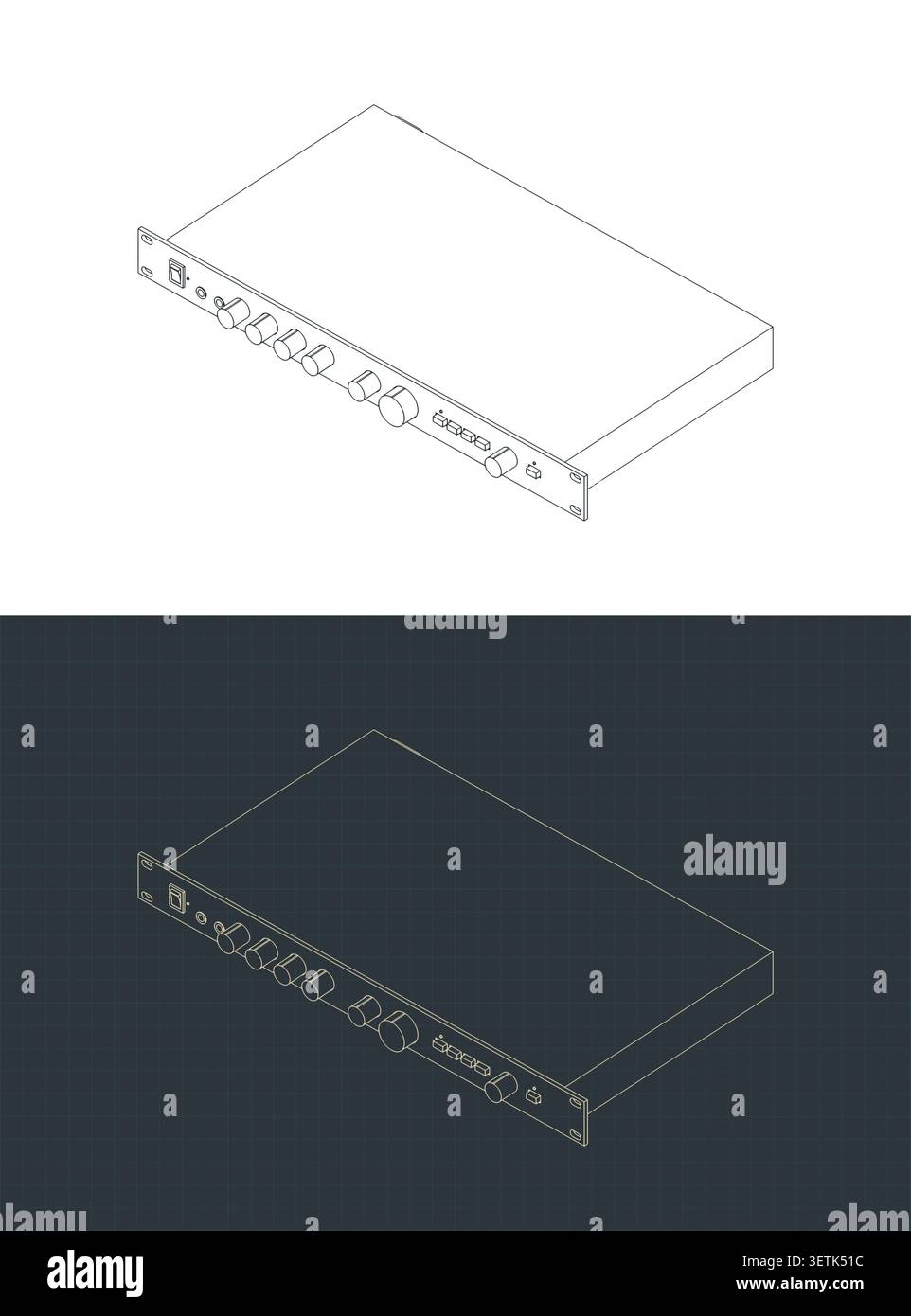 Rackmount audio amplifier isometric technical blueprints, stylized vector illustrations Stock Vector