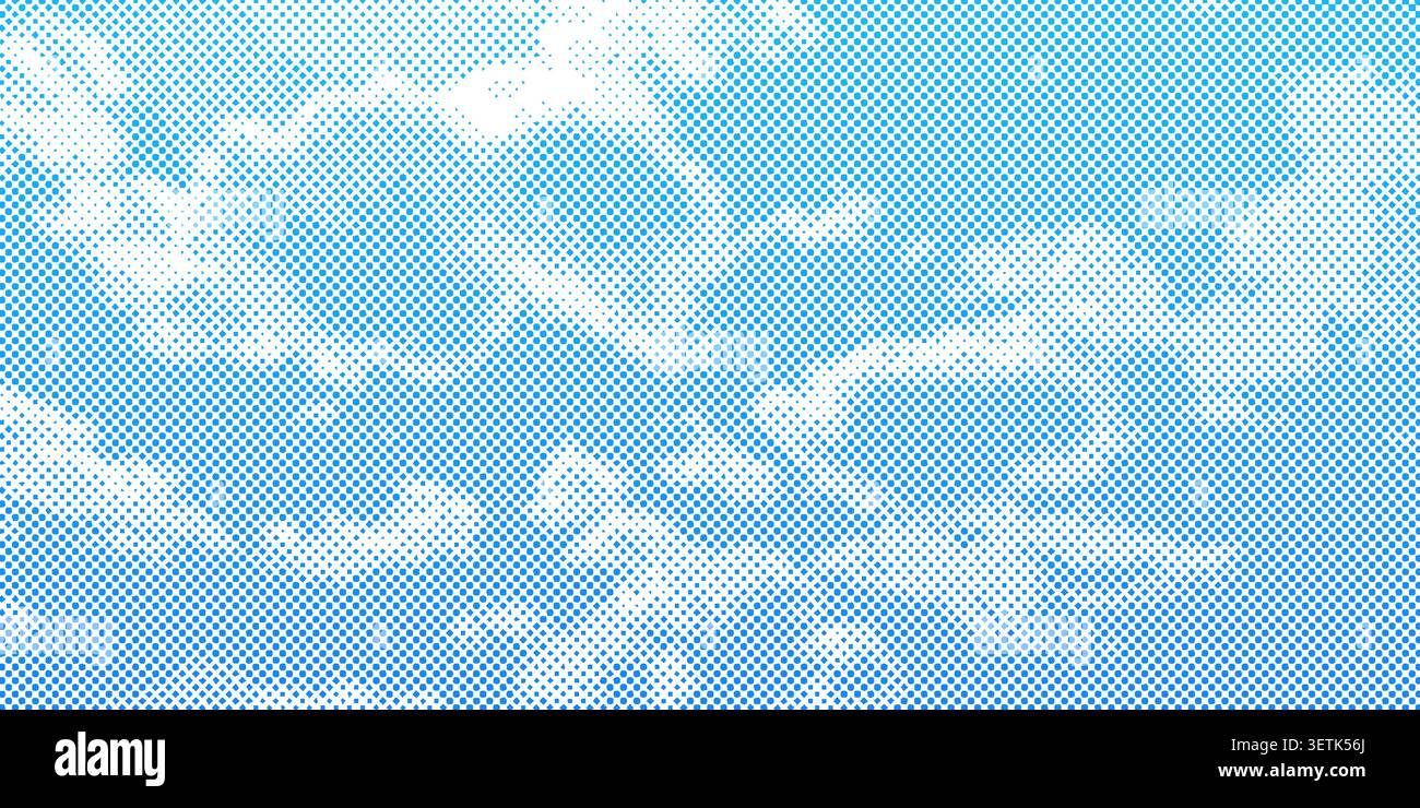 Halftone cloud sky on blue backdrop with pixelated texture vector illustration background. Stock Vector