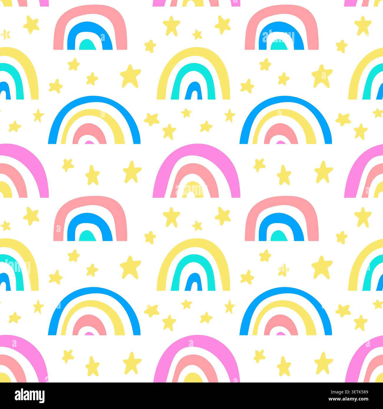 Cute doodle style seamless pattern with rainbows and stars Stock Vector