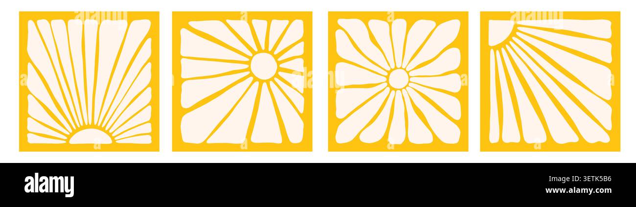 Trendy groovy sun collection. Retro hot ray pattern set Stock Vector