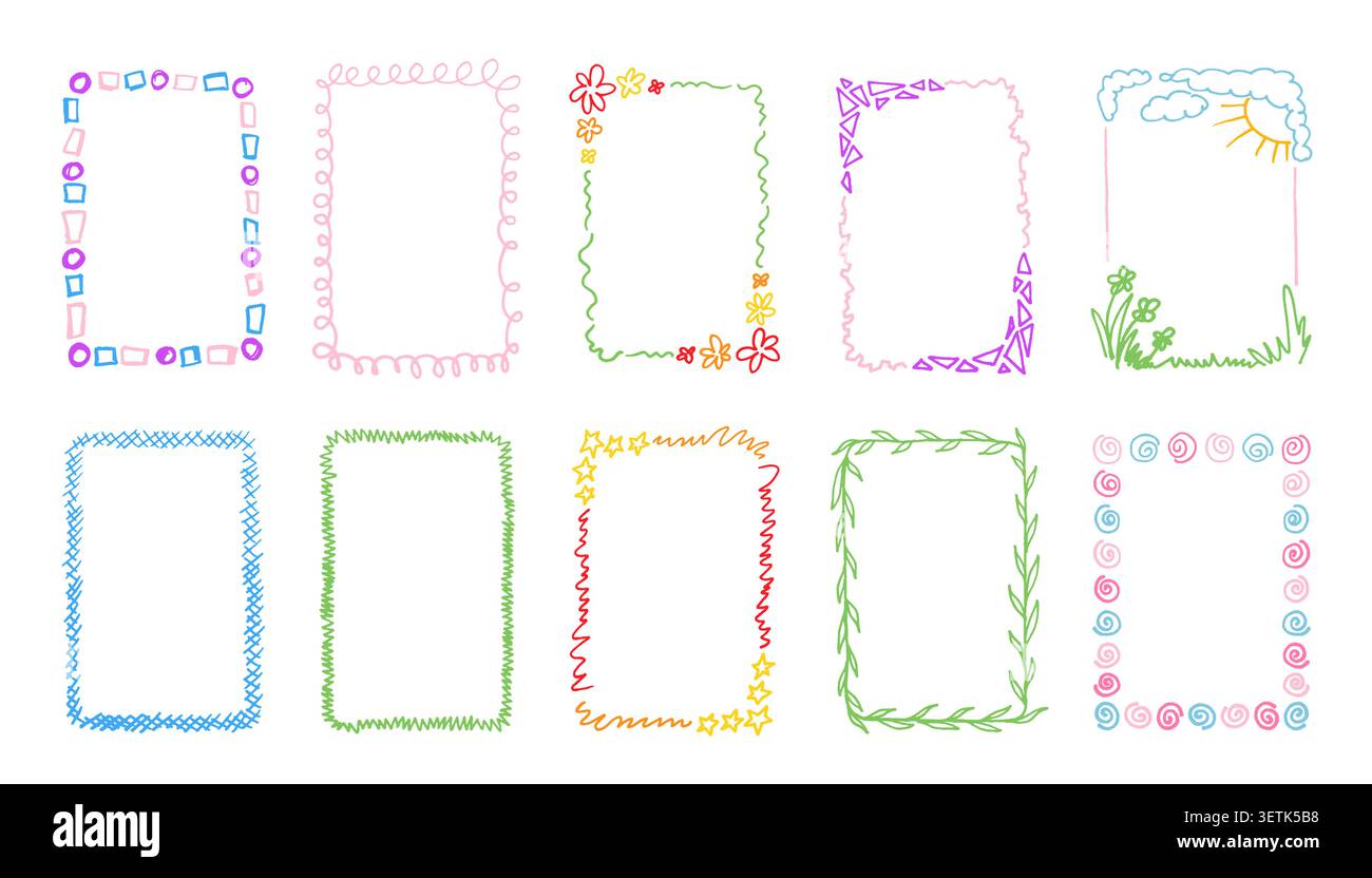 Hand drawn rectangle frames collection. Colorful borders with doodle scribbles. Funny crayon frame vector set Stock Vector