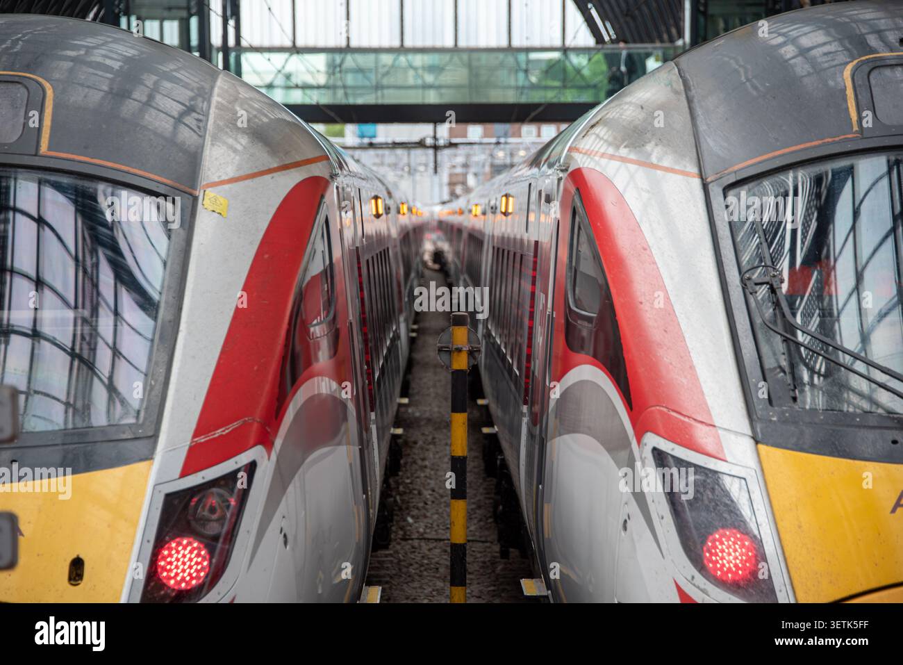 Two LNER Azuma Hitachi trains at London Kings Cross Station, London, UK Stock Photo