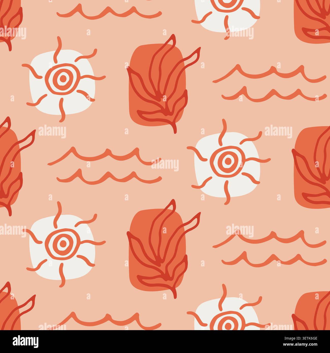 Boho tropical beach sun, waves seamless pattern Stock Vector