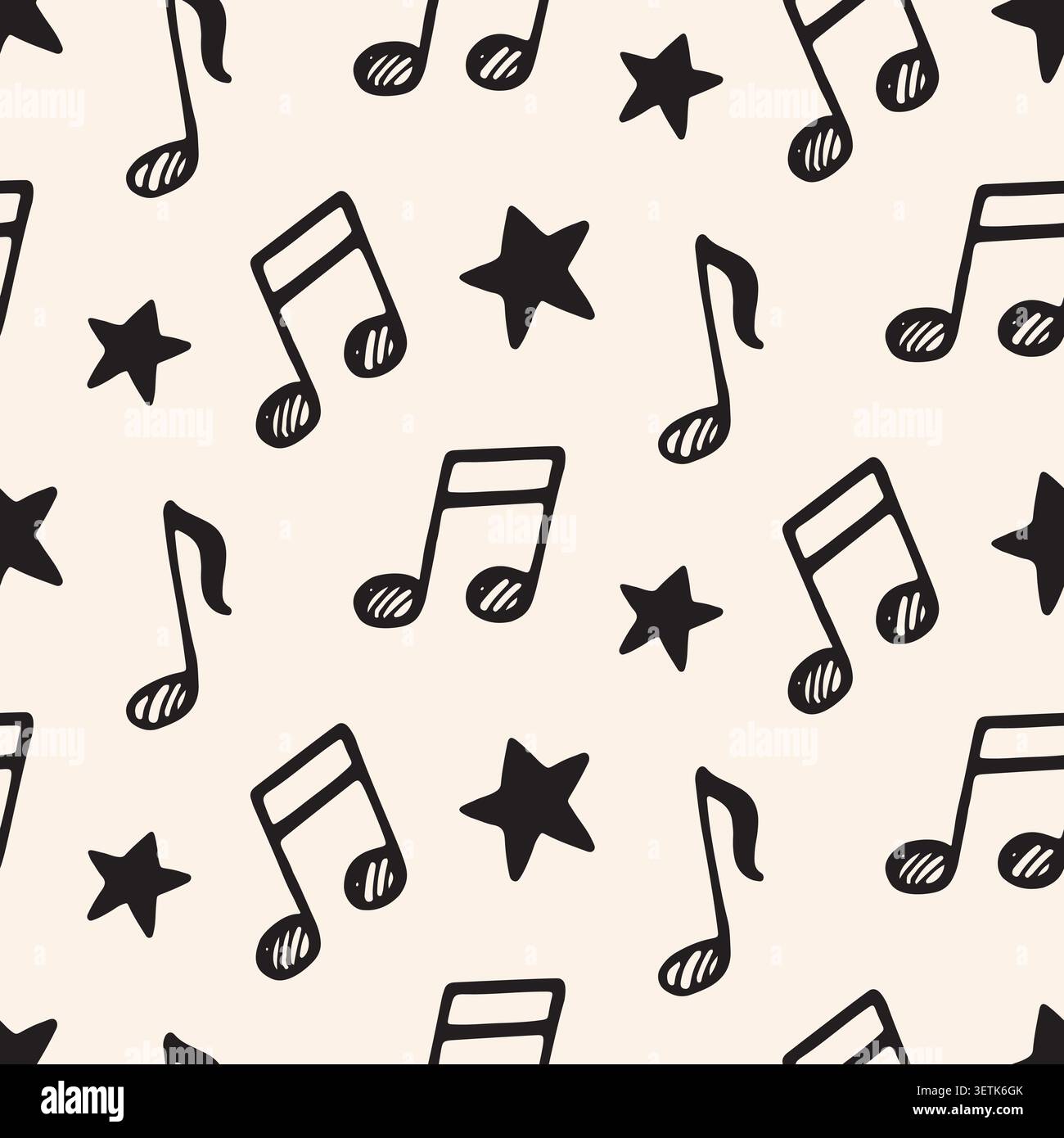 Music doodle seamless pattern with black notes Stock Vector
