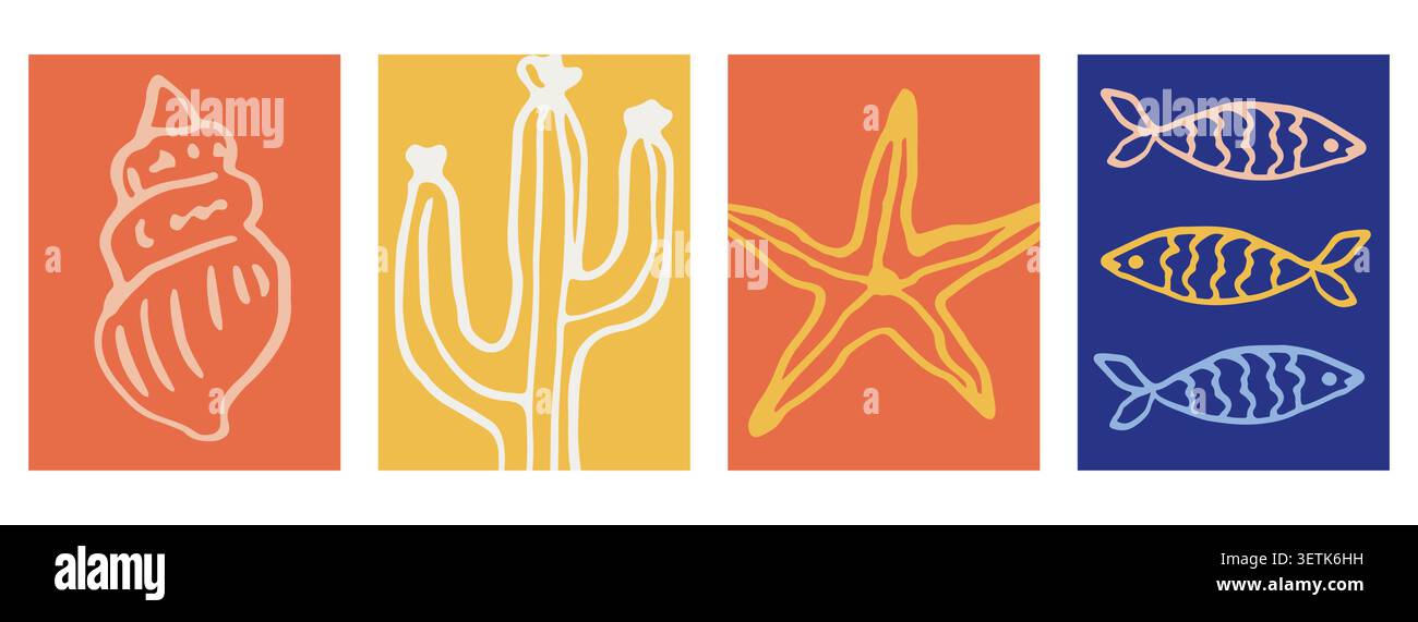 Coastal card set shell, cactus, starfish and fish Stock Vector