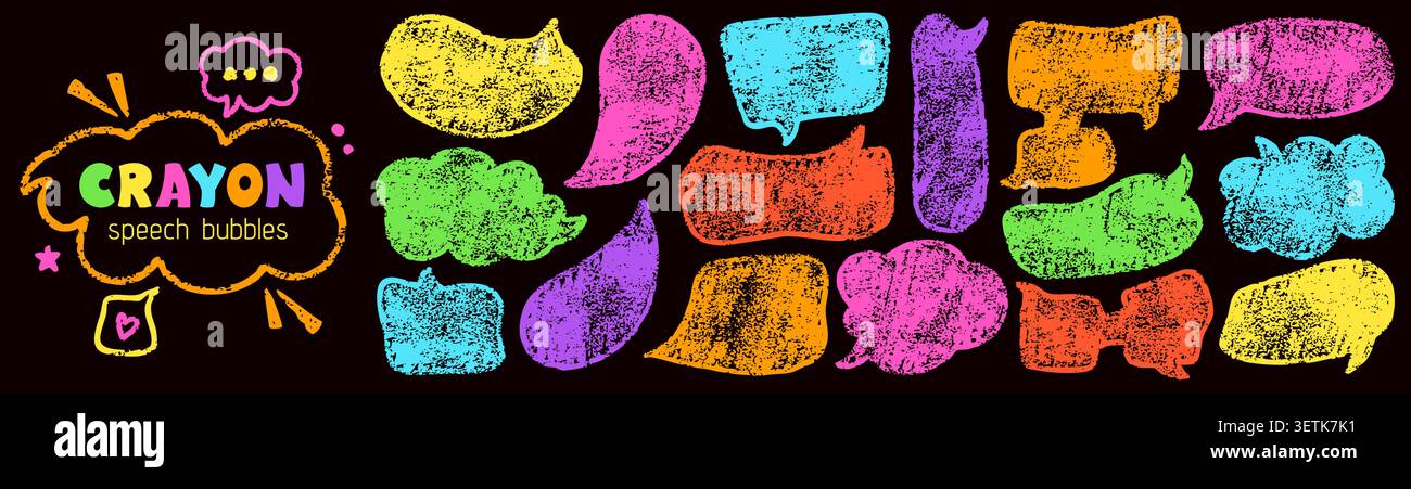 Pack of color crayon speech bubbles. Hand drawn Irregular text boxes. Stock Vector