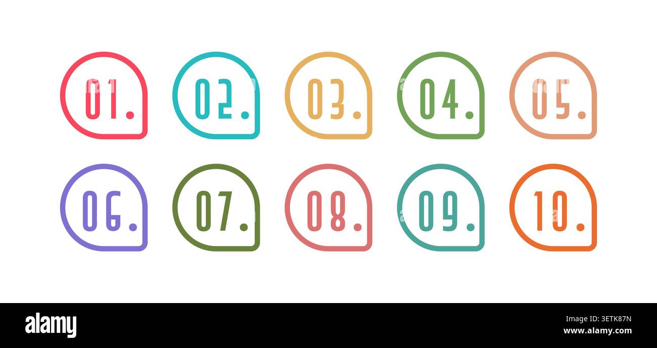 Colorful Outline Numbered Bullet Points 1 to 10 Vector Set Stock Vector