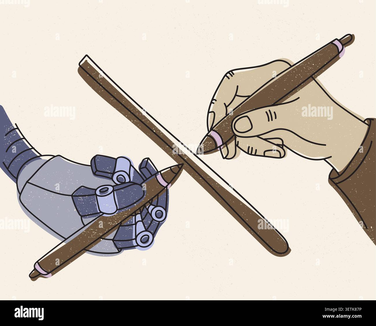 Human and robotic hands drawing together with pencils, symbolizing creativity, teamwork, design, education, innovation, artistic expression, and share Stock Vector