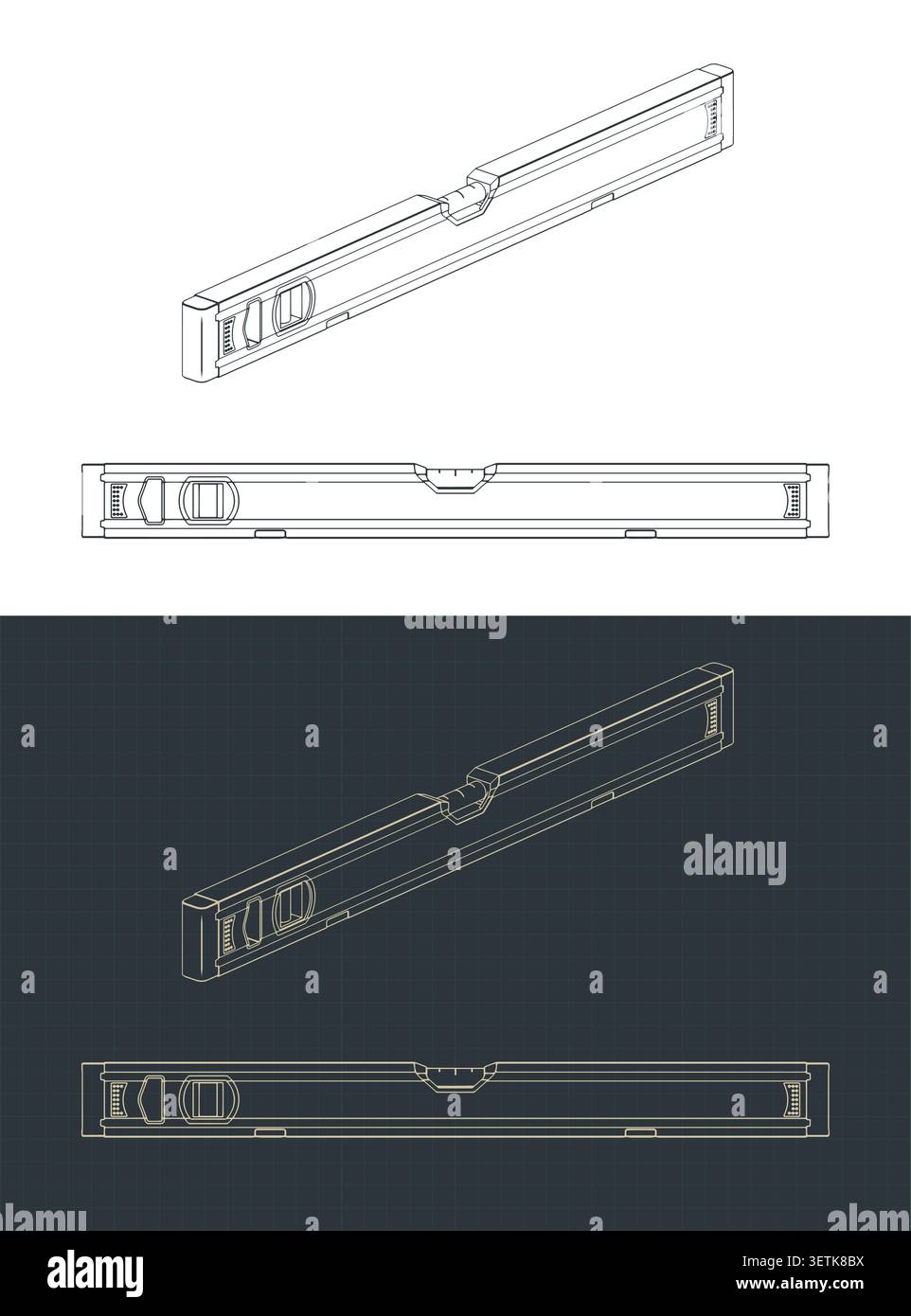 Spirit level isometric technical blueprints, stylized vector illustrations Stock Vector