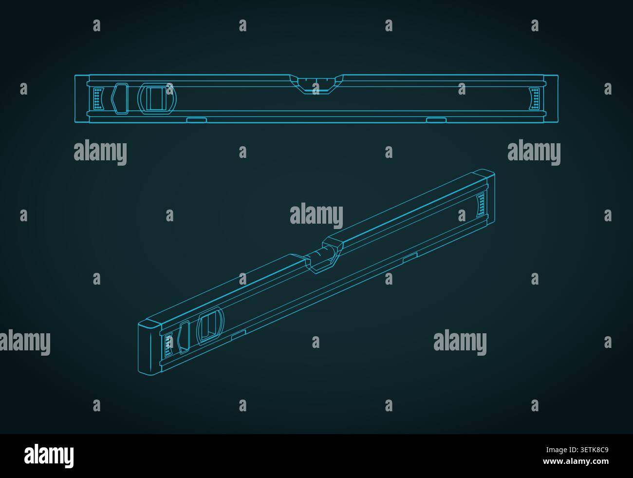 Spirit level isometric technical blueprints, stylized vector illustration Stock Vector