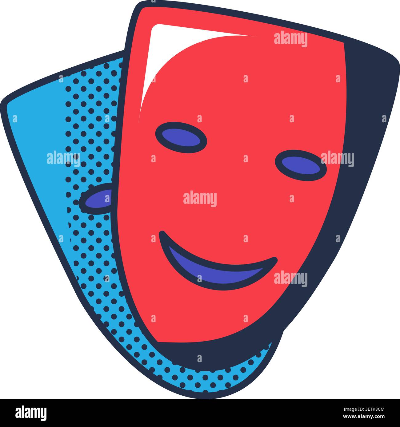Minimal flat theater masks icon with simple geometric design, featuring colorful comedy and drama illustration in modern performing arts style Stock Vector