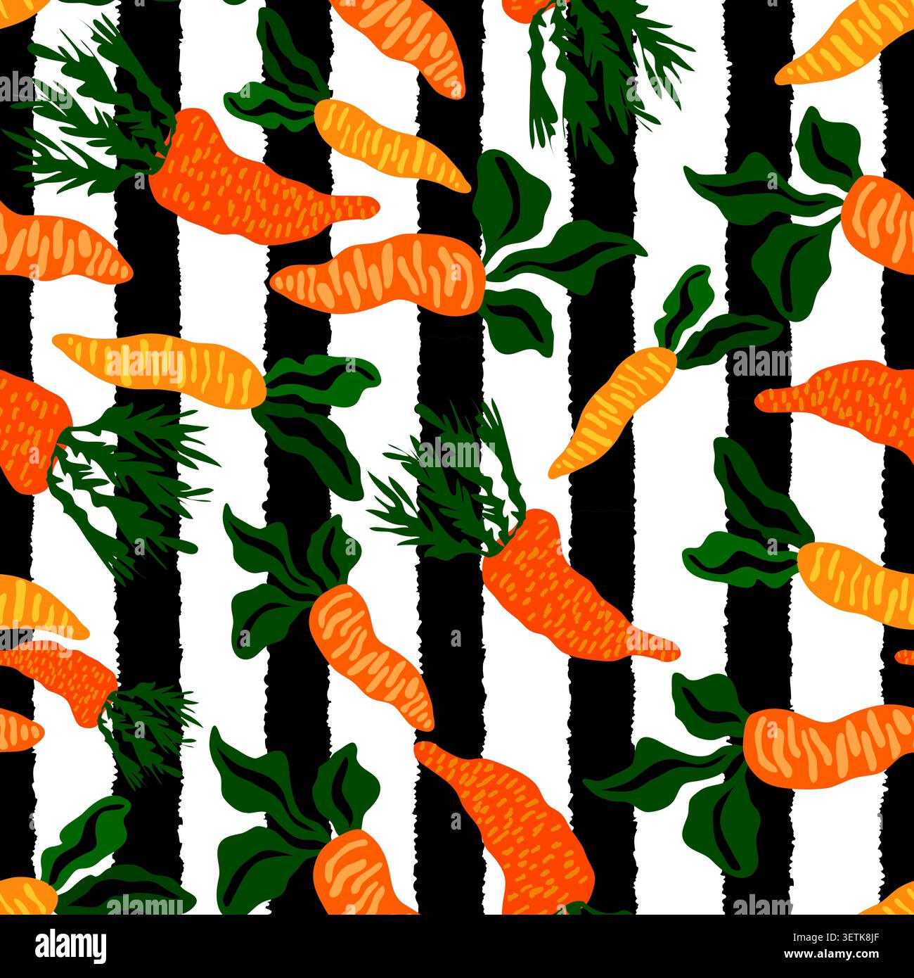 carrots on vertical black colored rough stripes with white background seamless pattern Stock Vector
