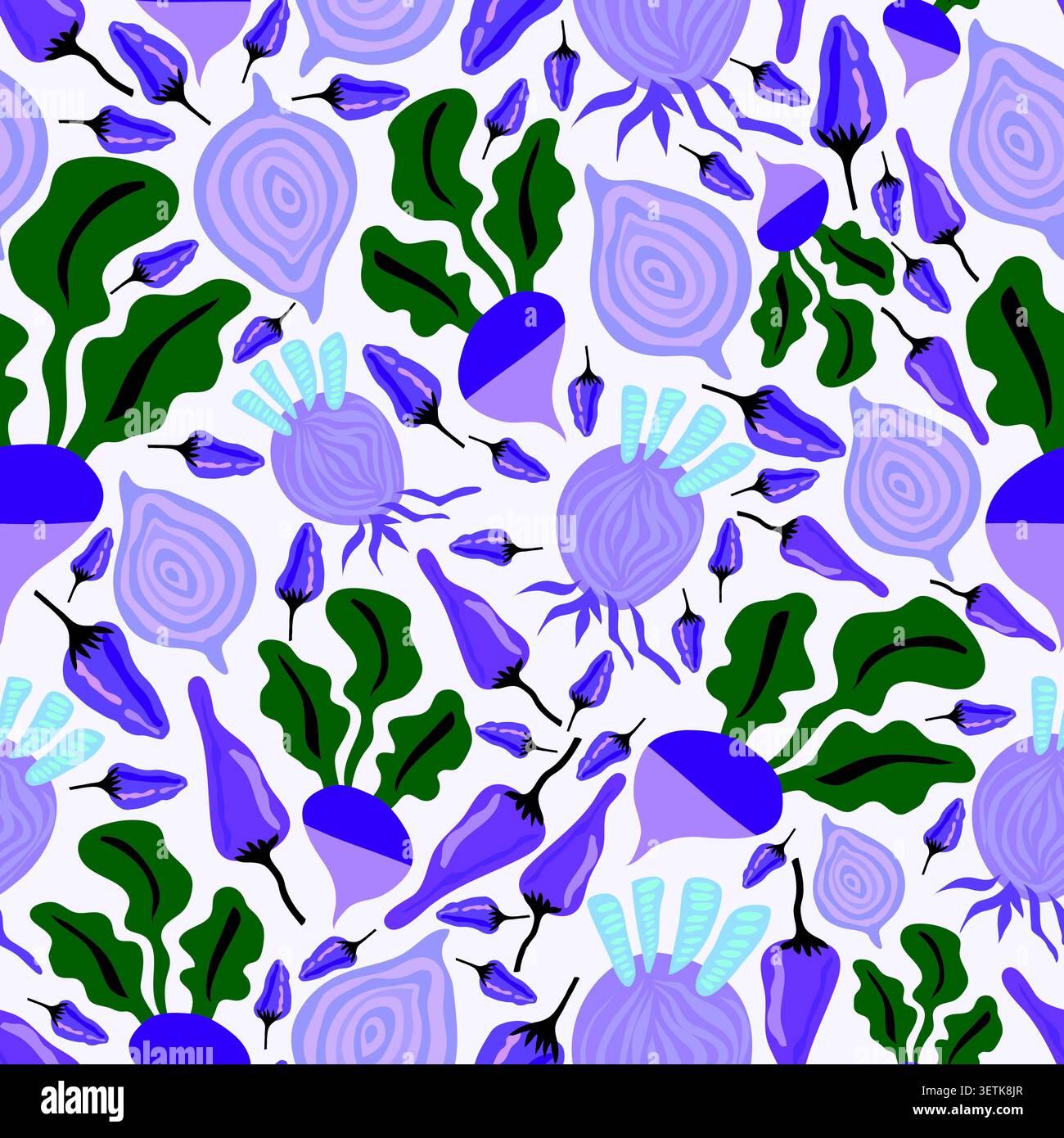 purple radish, jalapeno and onion vegetables seamless pattern Stock Vector