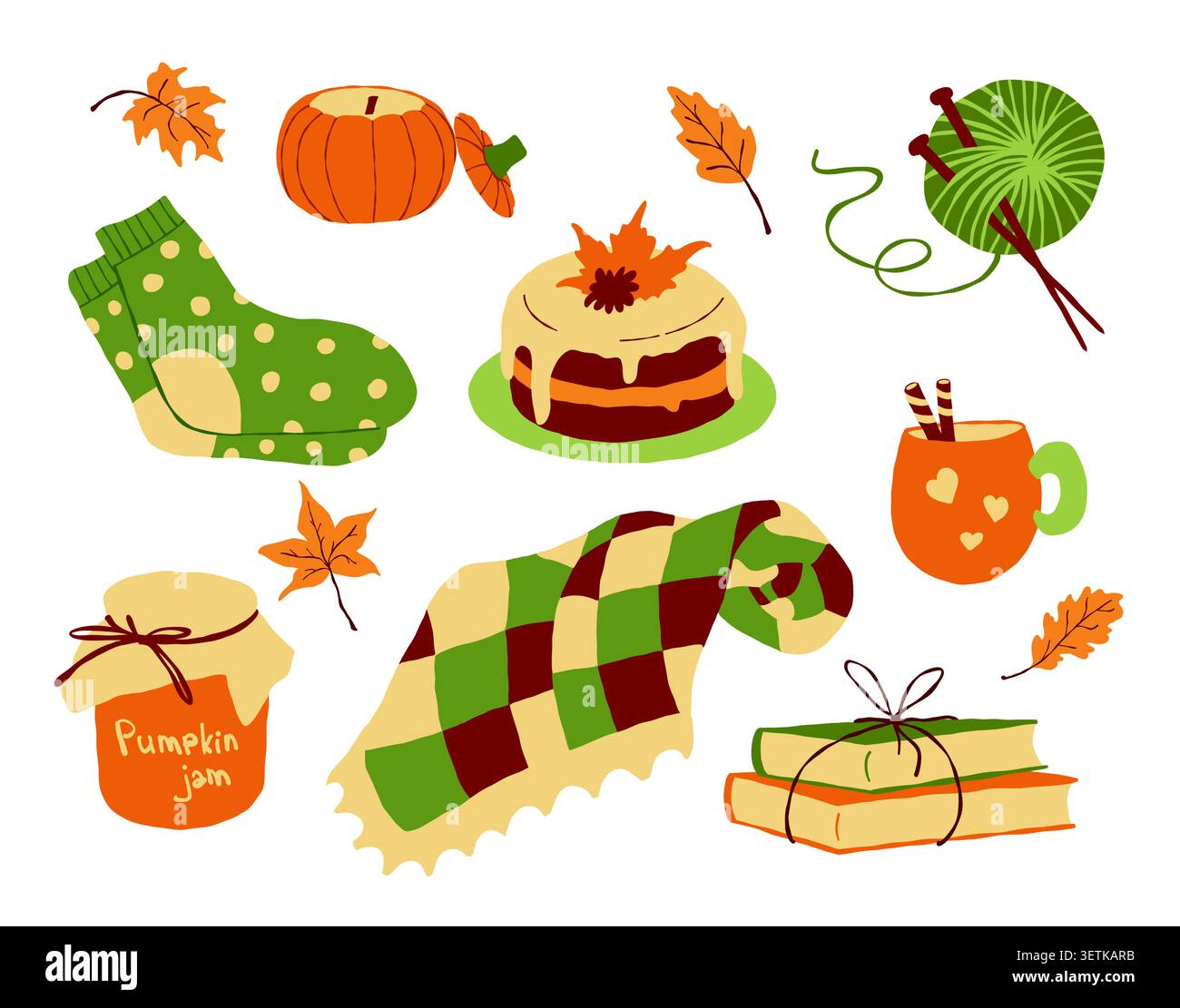 Cozy autumn vector element set with pumpkin, warm blanket and tea. Stock Vector