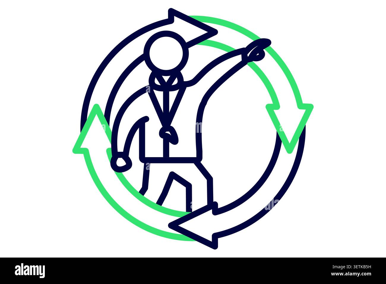 Continuous learning line icon. of a coach pointing forward, enclosed within two circular, rotating refresh arrows Stock Vector
