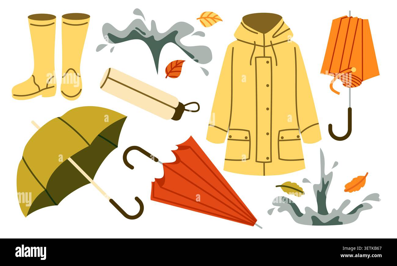 Autumn Rain Vector Set Raincoat Boots Umbrella Stock Vector