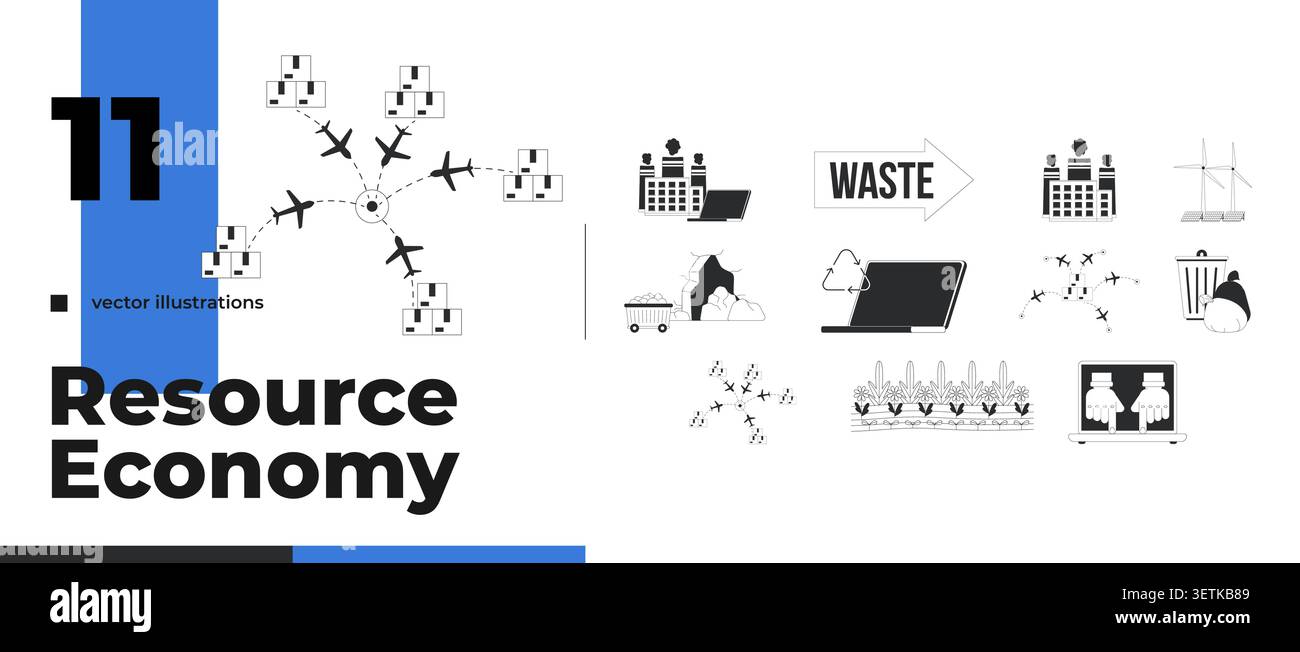 Industry, environment and resource management black and white 2D objects set Stock Vector