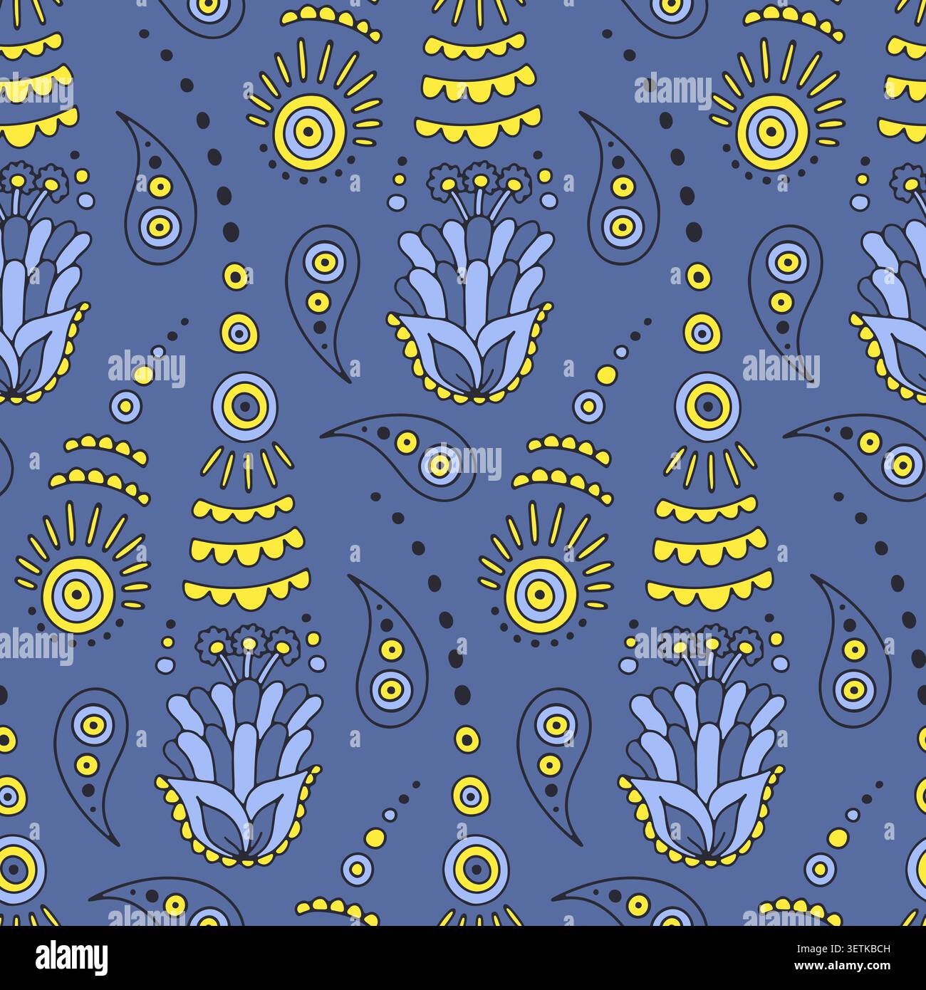 Hand drawn intricate Paisley seamless pattern on blue background Stock Vector