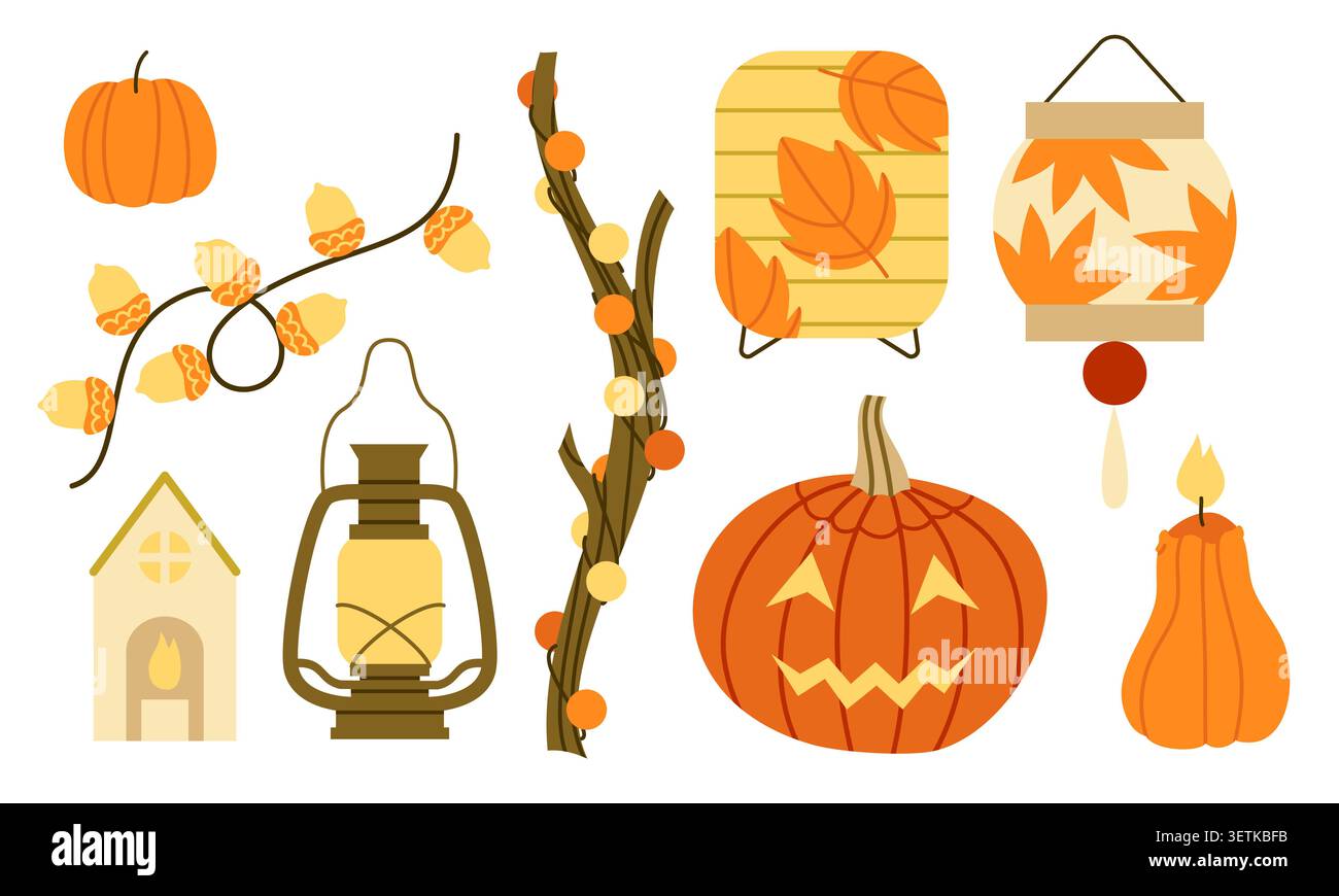 Autumn Light Vector Set Flat Pumpkin Lantern  Stock Vector
