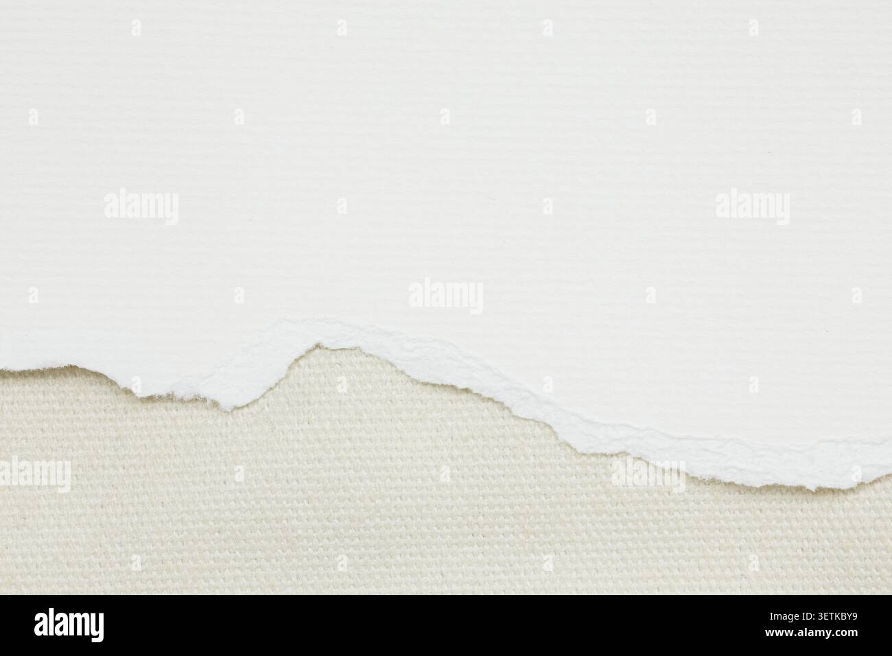 Torn white paper edge on light canvas fabric background. Stock Photo