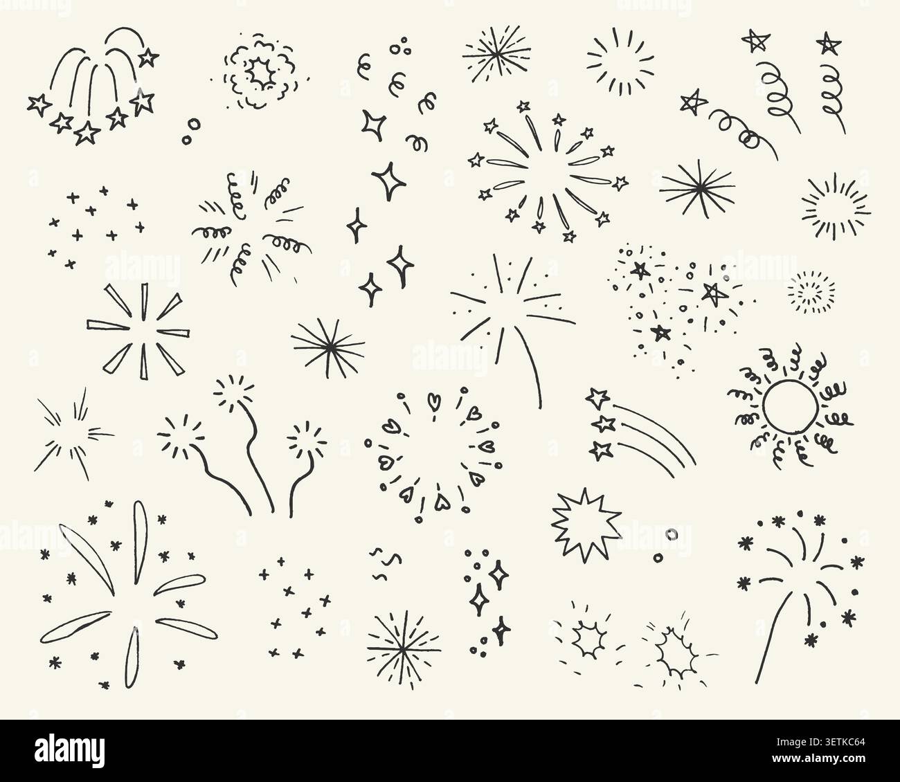 Funny doodle fireworks with stars and sparks. Linear lightning, explosion, sunburst, bling effect set Stock Vector