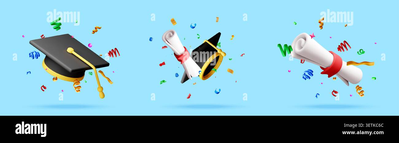3D graduation cap and diploma scroll with confetti Stock Vector