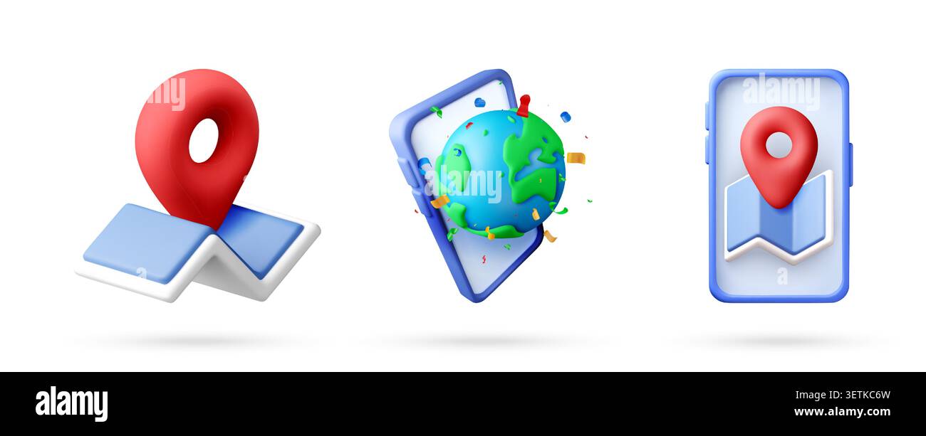 Set of 3D map pin, globe with smartphone Stock Vector