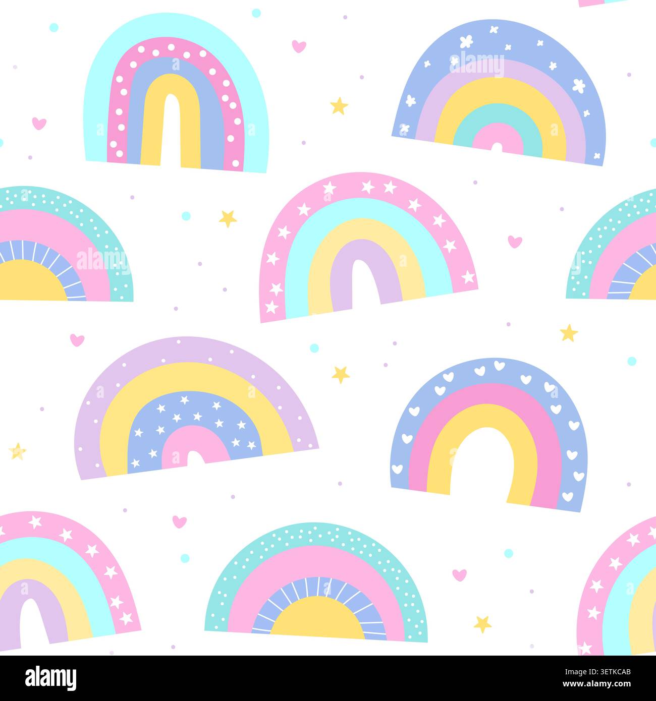 Cute doodle style seamless pattern with rainbows and stars Stock Vector