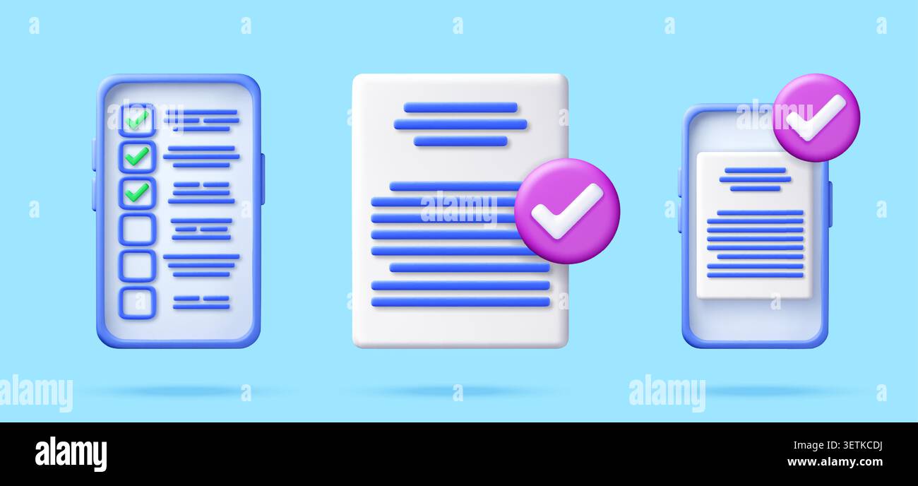 3D set of checklist and document. Stock Vector