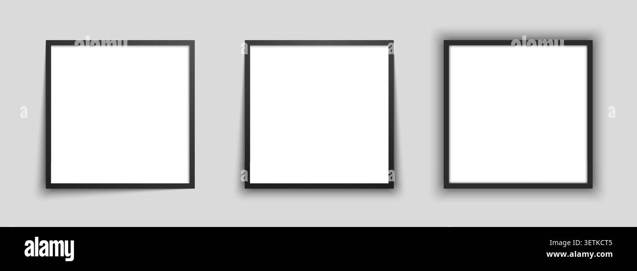Set of three empty black square photo frames with different shadow effects Stock Vector