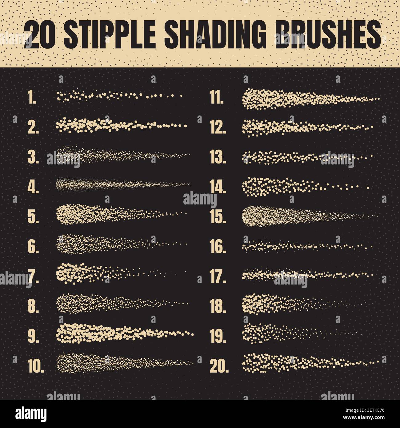 Ink scatter brush, stipple drawing and texturing. Fading gradient. Stippling, dotwork drawing, shading using dots. Halftone disintegration effect Stock Vector