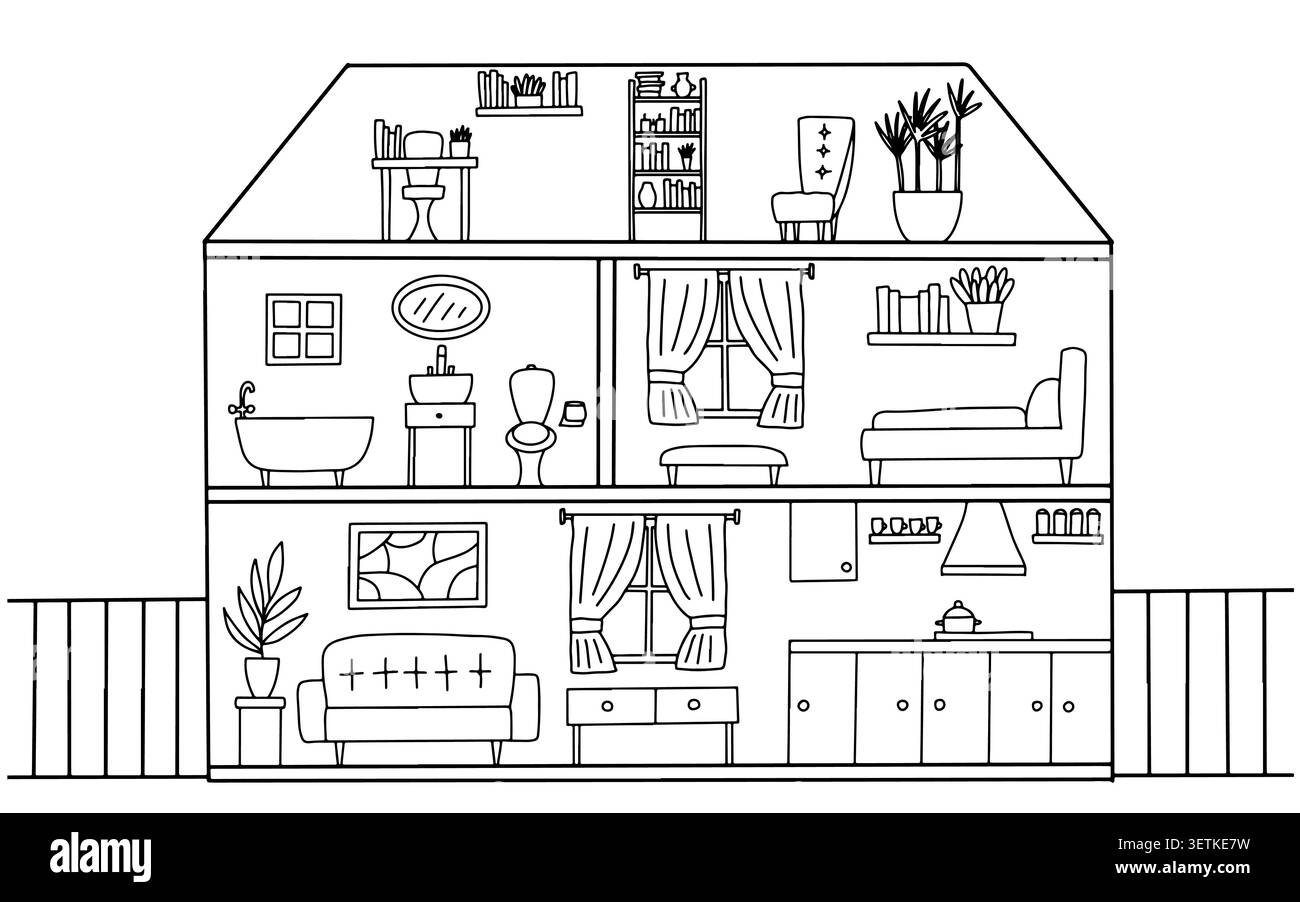 Interior house coloring page Stock Vector