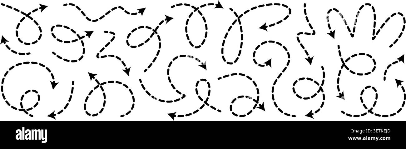 Dashed arrow squiggly vector line set. Curved shape doodle brush element. Complex plan, map path pattern. 3d up down direction scribble dynamic curly Stock Vector
