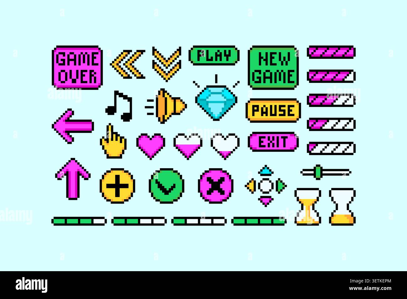 Pixel art game interface buttons, icons, controls, and status elements collection in retro arcade style, featuring colorful user interface assets insp Stock Vector