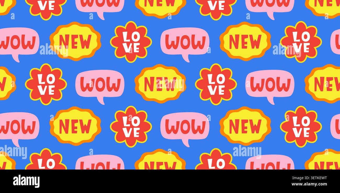Bright seamless pattern with word stickers Stock Vector