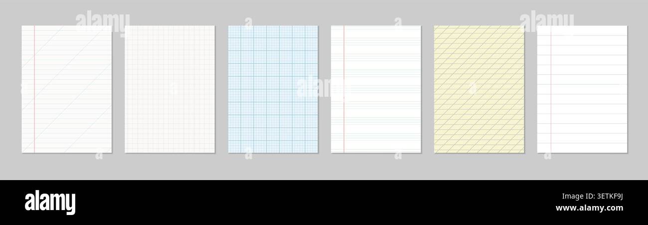 Paper notebook sheets set. Realistic lined, squared graph outline covers, templates, backgrounds. Striped geometric empty blanks prints in different Stock Vector