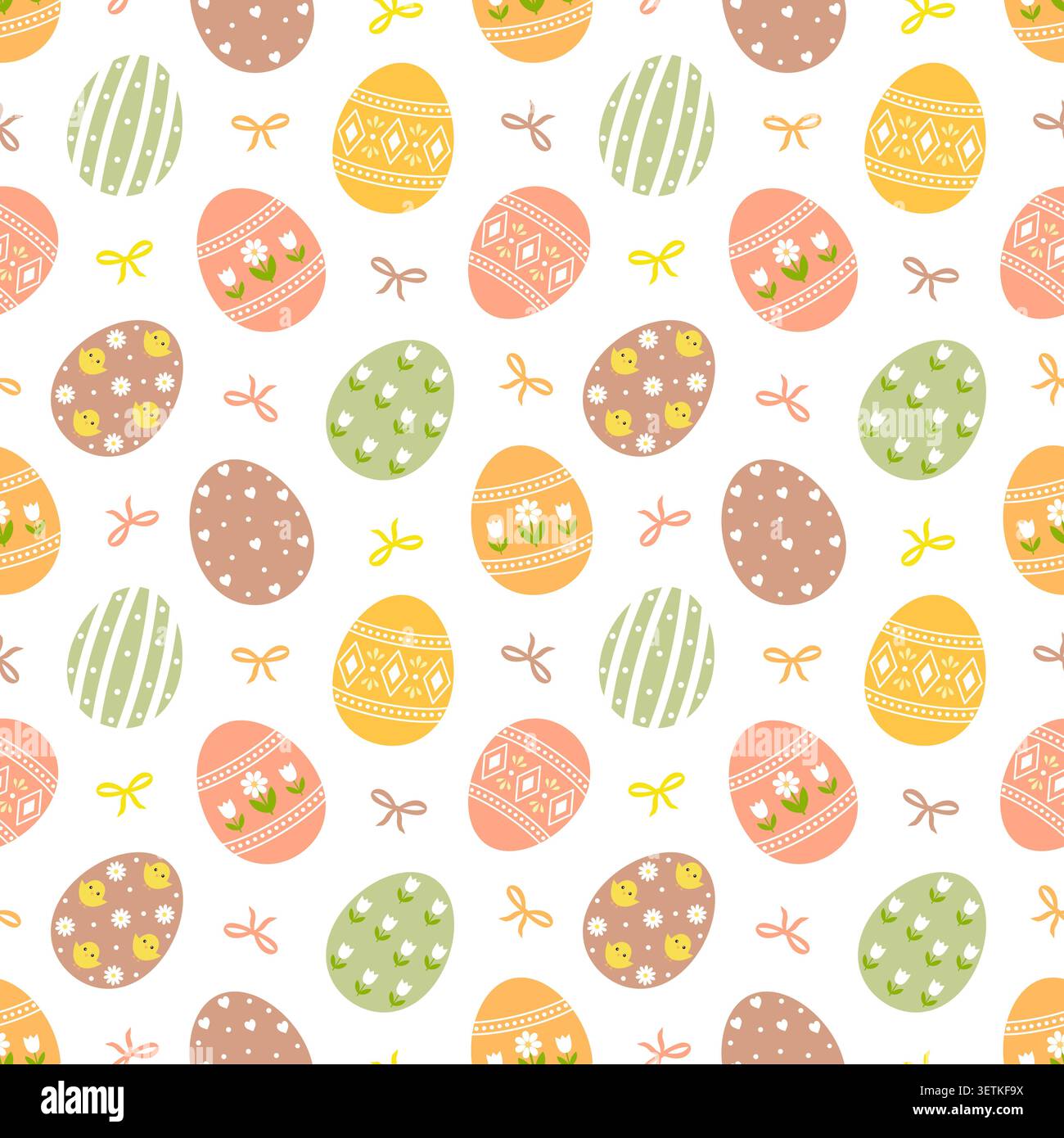 Easter eggs seamless pattern with bows on white background. Stock Vector