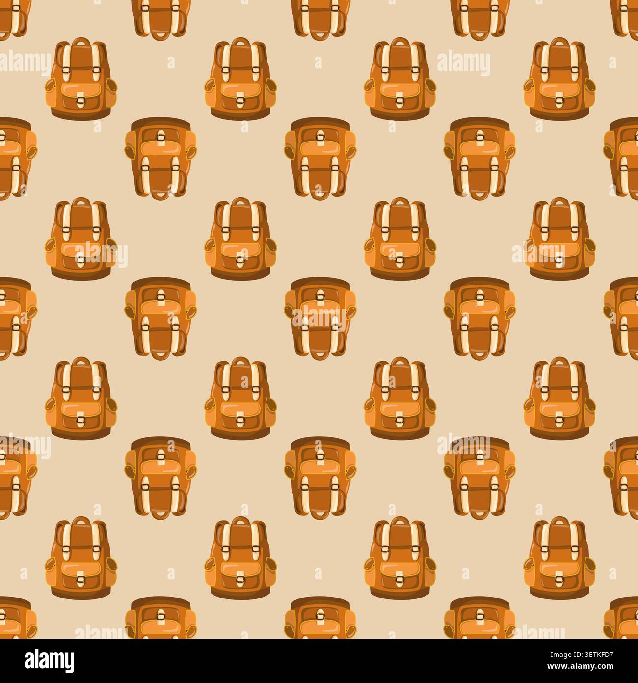 Seamless camping backpack pattern on beige background. Cartoon vector print. Stock Vector