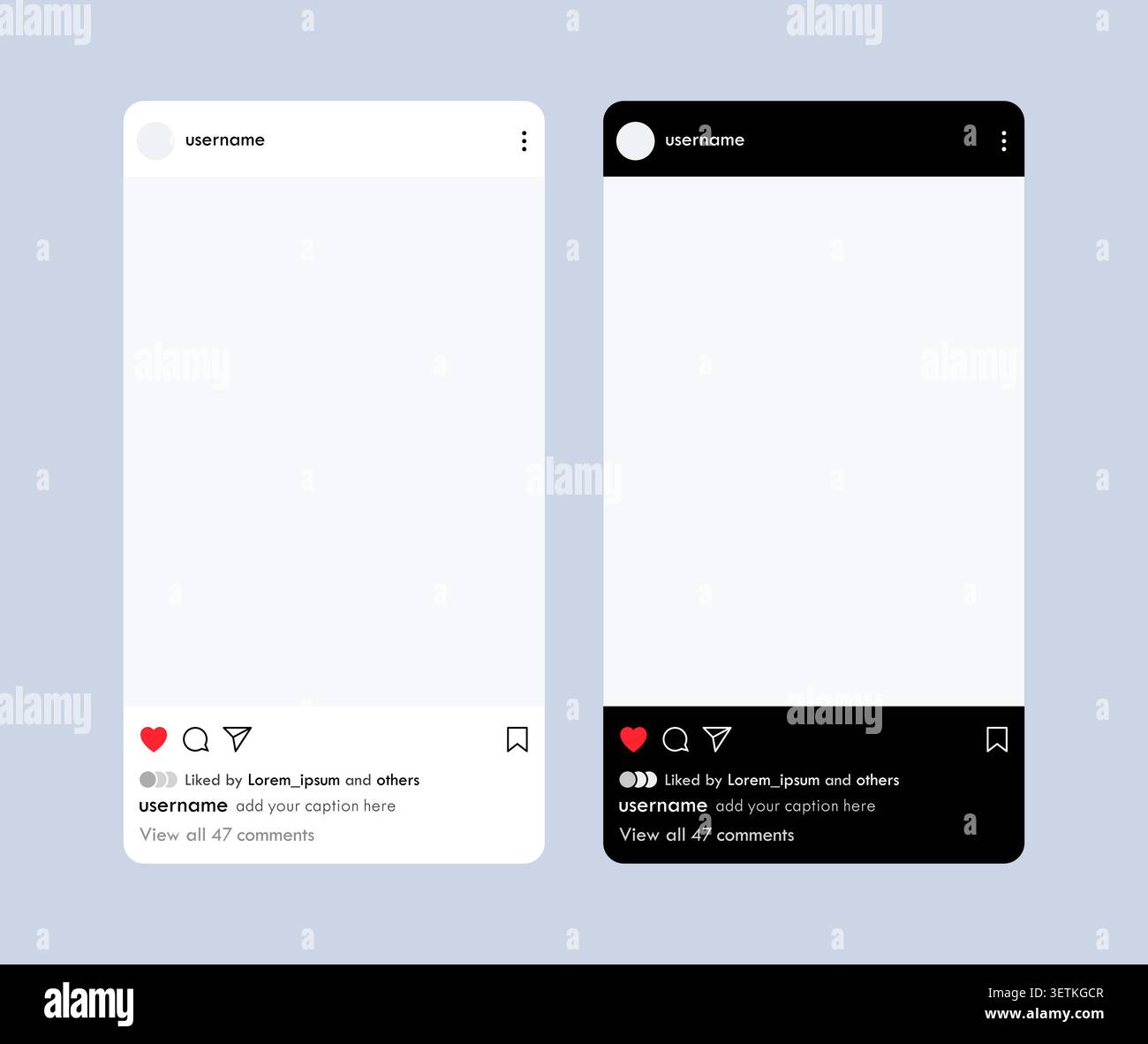 Social Media Post Interface Mockup Template in Dark and Light Mode. Vector Illustration Stock Vector