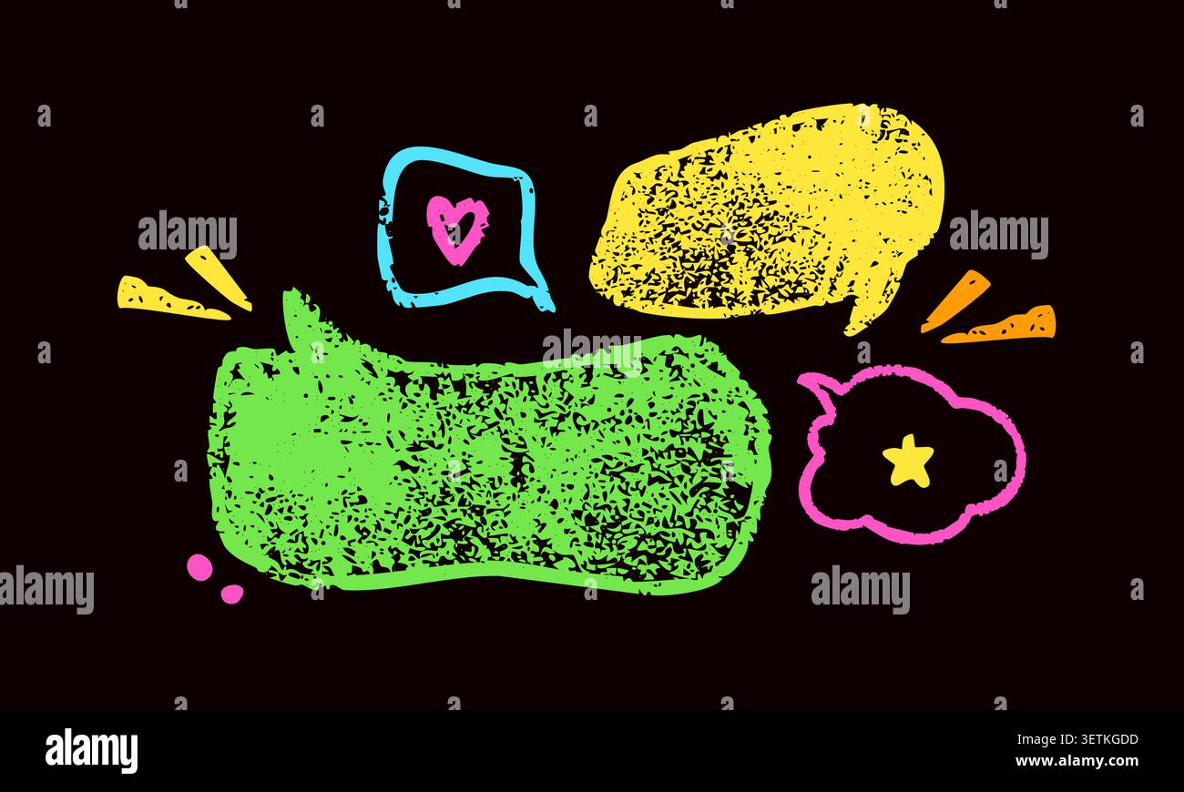 Design with yellow and green crayon speech bubbles. Stock Vector