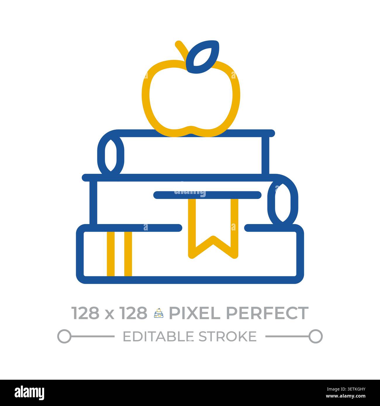 Apple on book stack pixel perfect two color line icon Stock Vector