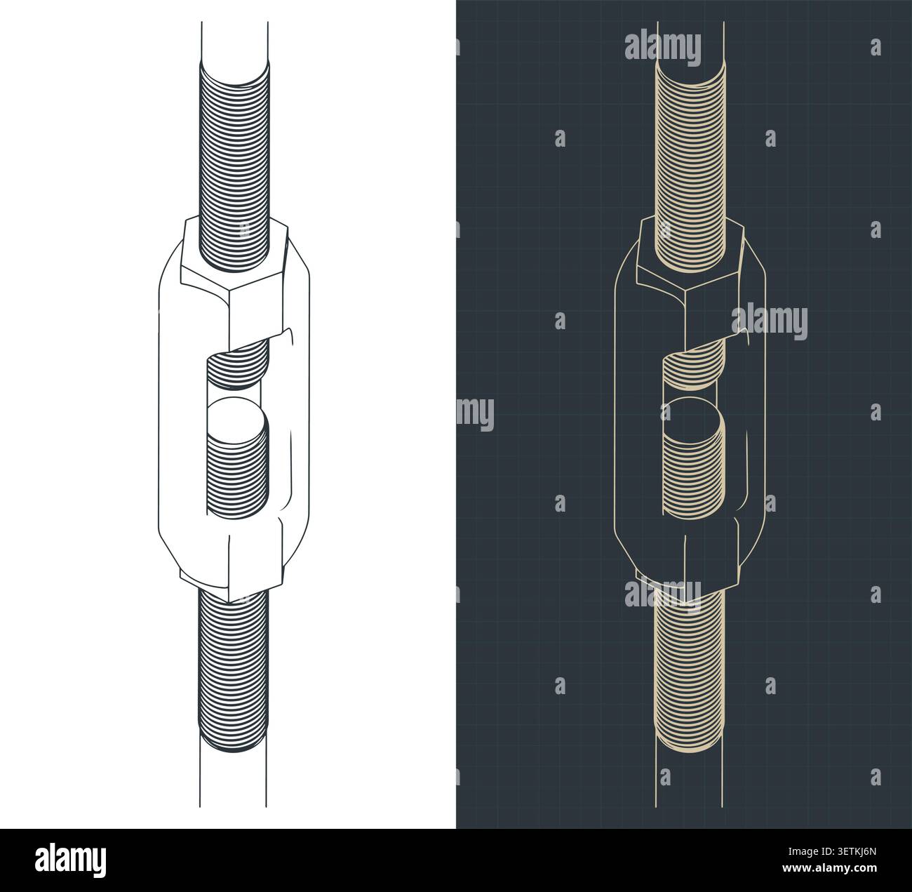 Turnbuckle isometric blueprints stylized vector illustrations Stock Vector